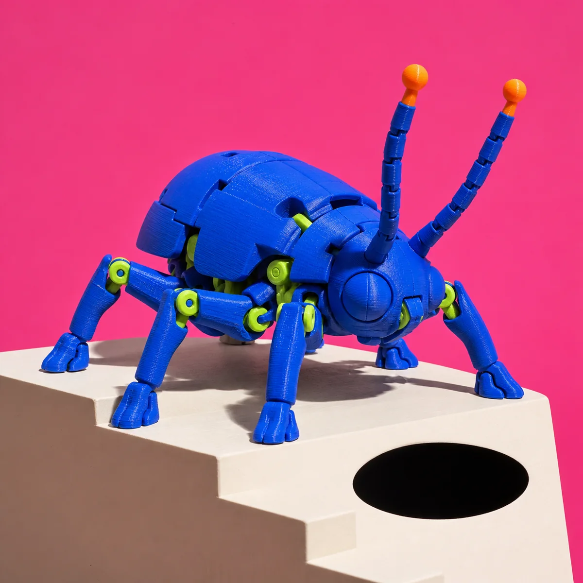 Concept render of a cobalt articulated six-legged 3D-printed desk creature with lime joints.