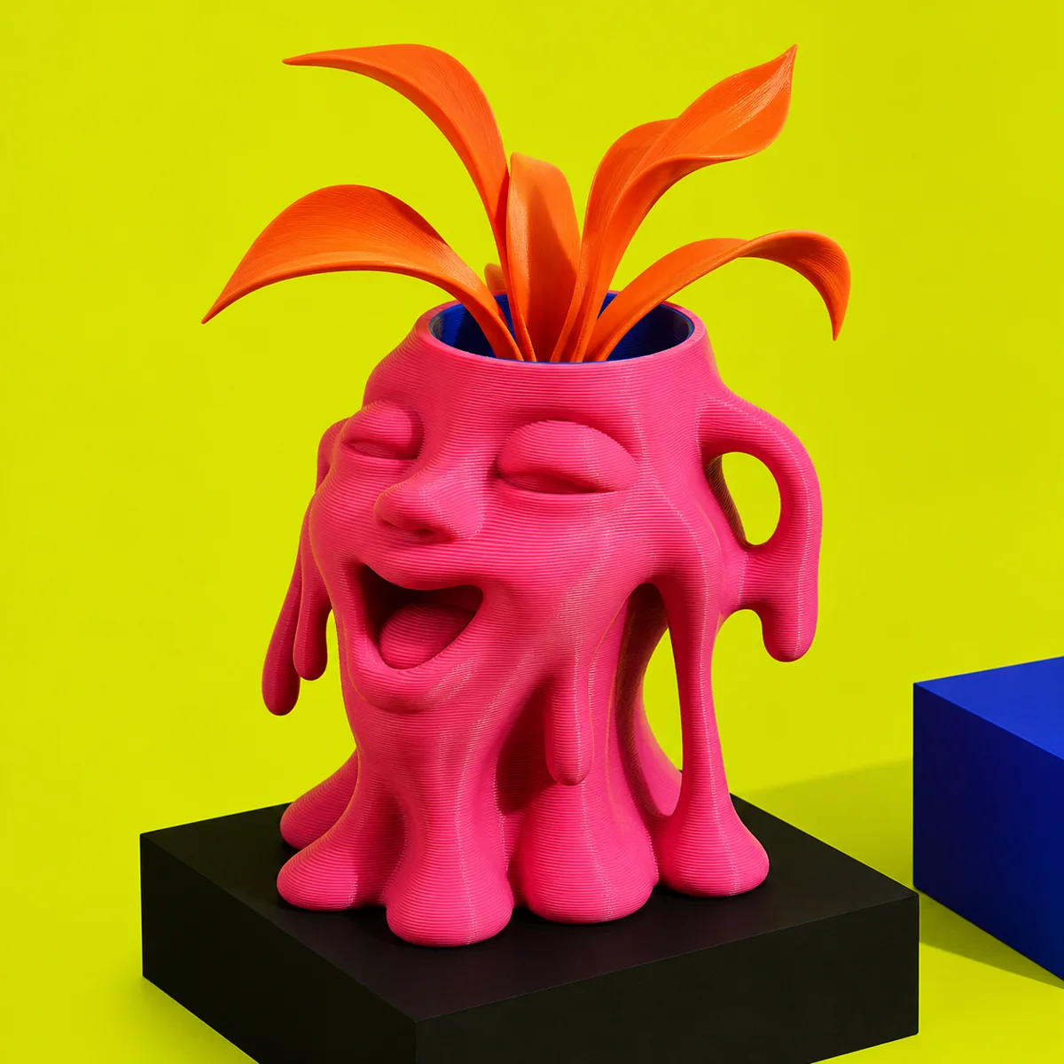 Concept render of a hot-pink melting-face 3D-printed planter with orange sculptural leaves.