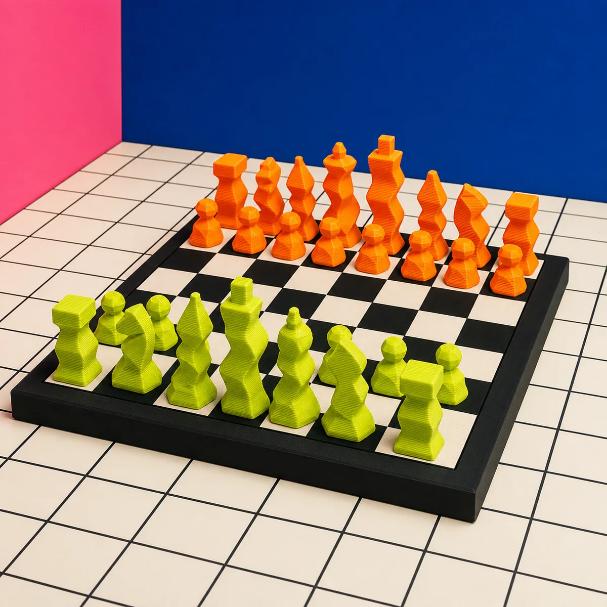 Concept render of a 3D-printed chess set with leaning lime and orange geometric pieces on a black-and-paper board.
